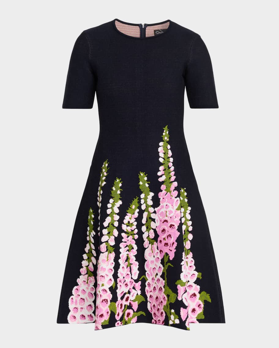 Oscar de la Renta Foxglove Jacquard Knit Short-Sleeve Mini Dress | Neiman Marcus