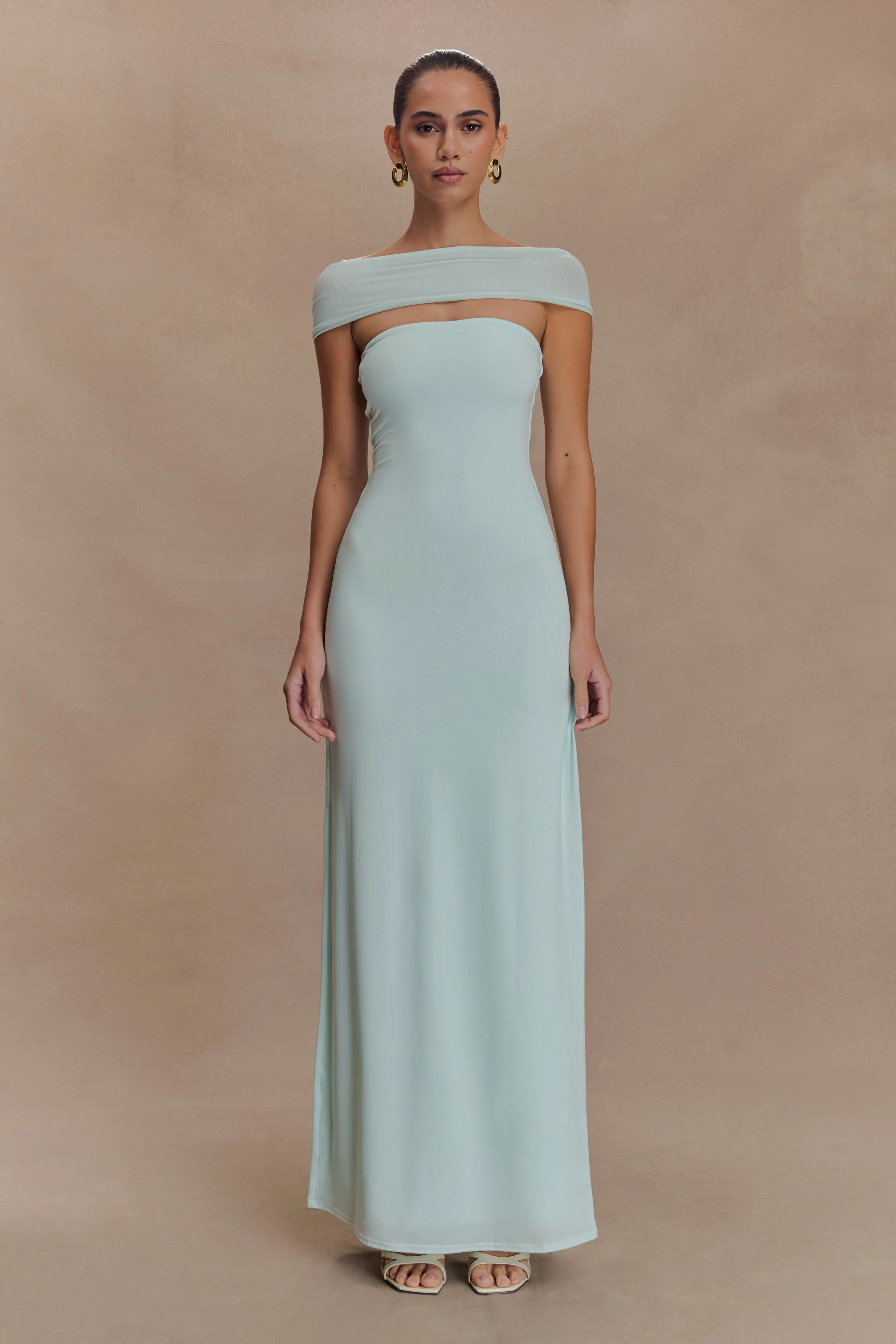 Aurora Slinky And Mesh Split Maxi Dress - Lagoon | Meshki UK