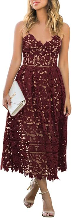 AlvaQ Womens V Neck Spaghetti Strap Lace Dress Sleeveless Sexy Backless Party Dresses with Pocket | Amazon (US)