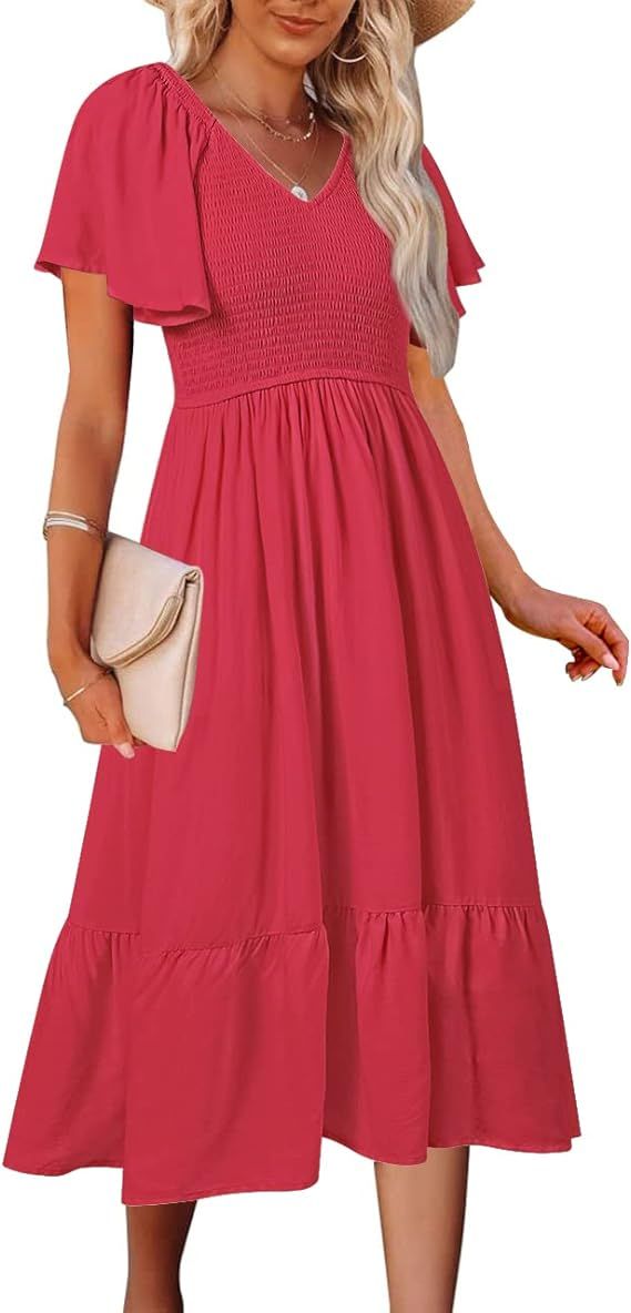 MEROKEETY Womens 2023 Summer Casual V Neck Ruffle Sleeve Smocked High Waist Midi Dress with Pocke... | Amazon (US)