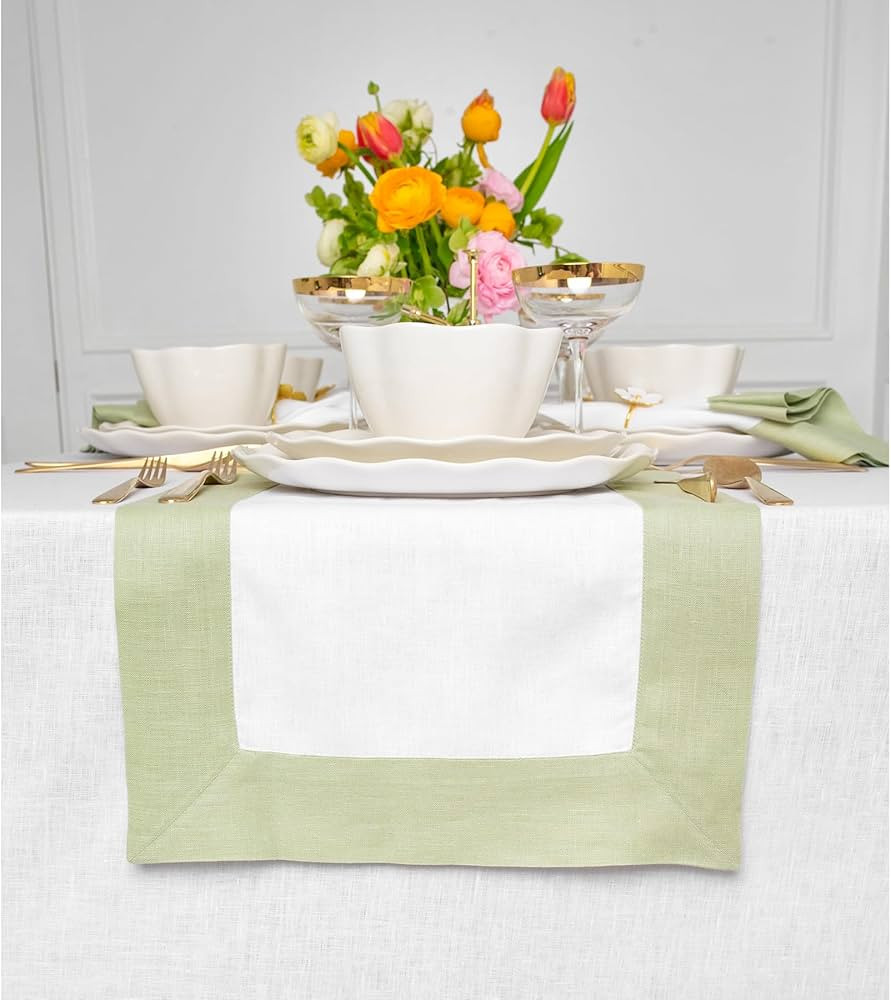 Solino Home Linen Table Runner 120 inches Long – 100% Pure Linen Summer Sage Green and White Ta... | Amazon (US)
