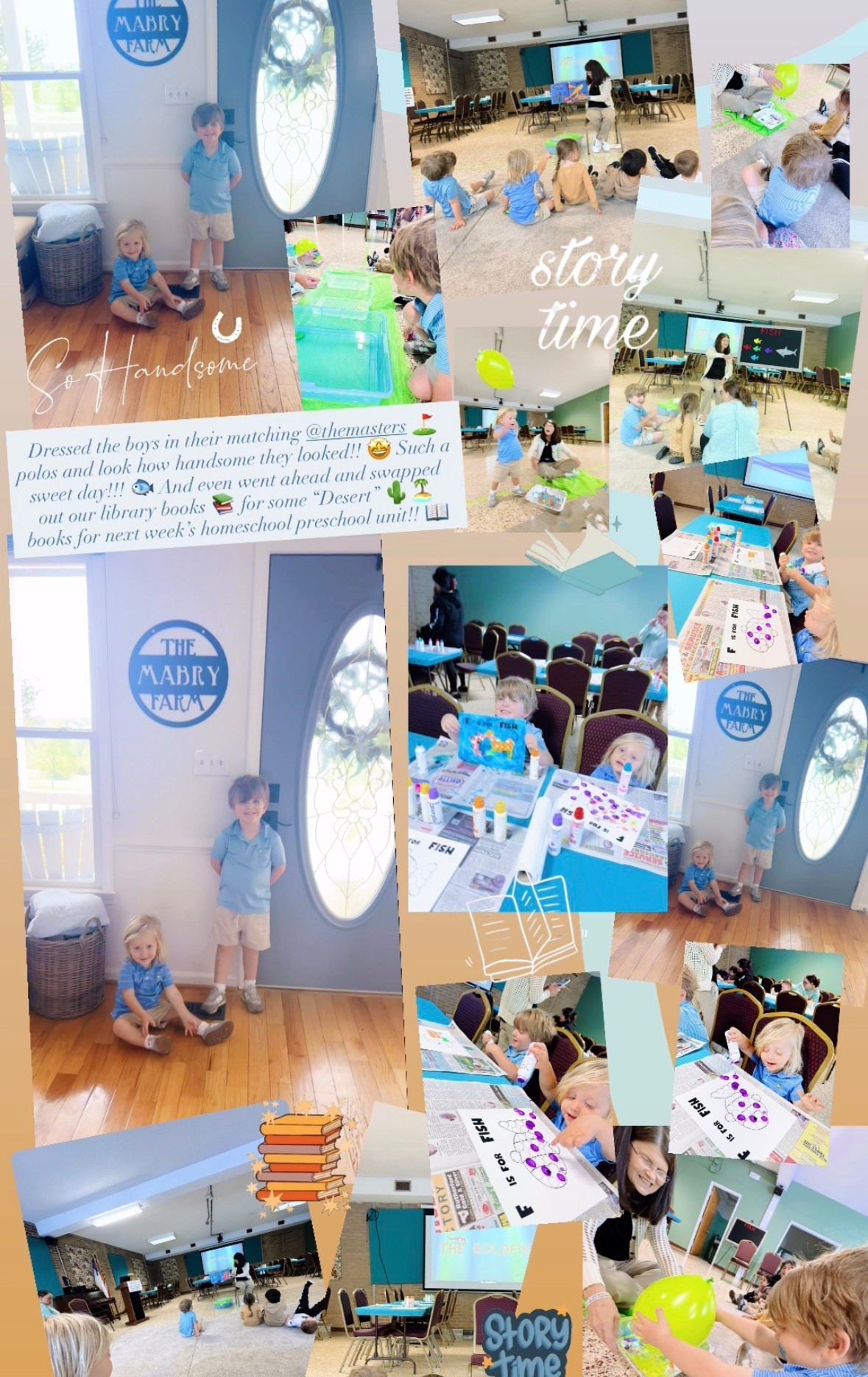 Dressed the boys in their matching @themasters ⛳️ polos and look how handsome they looked!! 🤩 Such a sweet day!!! 🐟 And even went ahead and swapped out our library books 📚 for some “Desert” 🌵🏝️ books for next week’s homeschool preschool unit!! 📖 