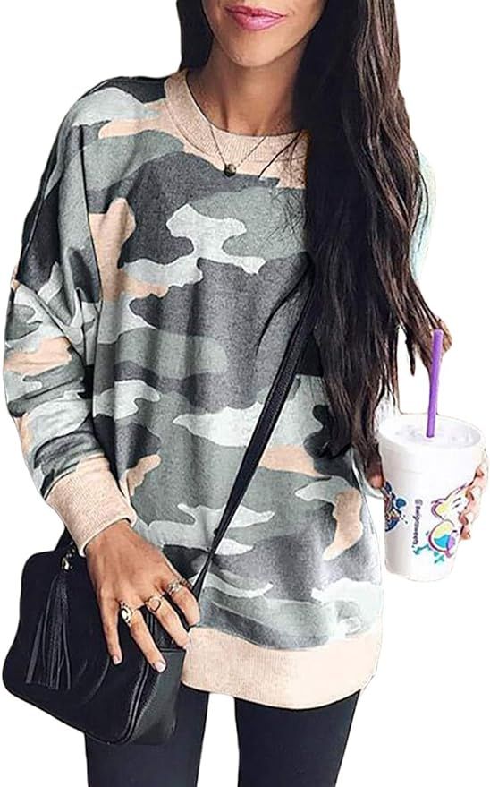 Sidefeel Women Long Sleeve Crewneck Pullover Camo Print Sweatshirt Jumper Top | Amazon (US)