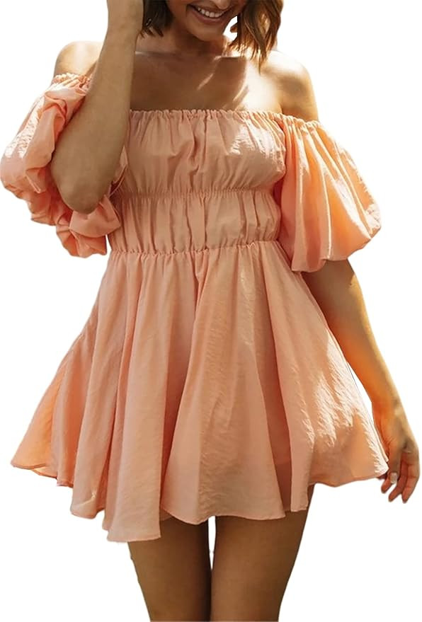 R.Vivimos Summer Dress for Women Short Puff Sleeve Boho Off The Shoulder Casual Smocked Swing Min... | Amazon (US)