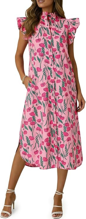 Wenrine Womens Summer Button Down Shirt Dress Casual Floral Rufffle Cap Sleeve Loose Beach Boho M... | Amazon (US)