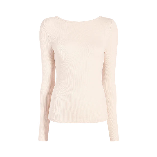 Slinky Rib Long Sleeve Open Back Shirt | Bone | Nuuds US