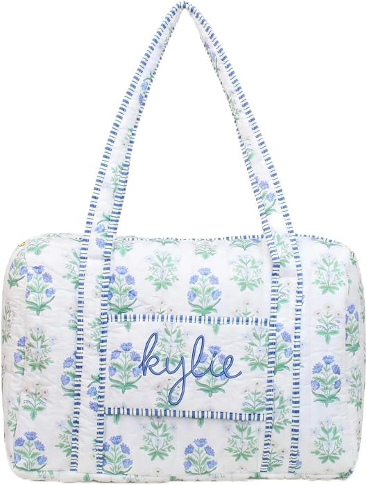 Threadart Personalized Quilted Blue Block Print Duffel Bag - Embroidered With Initials or Name - ... | Amazon (US)
