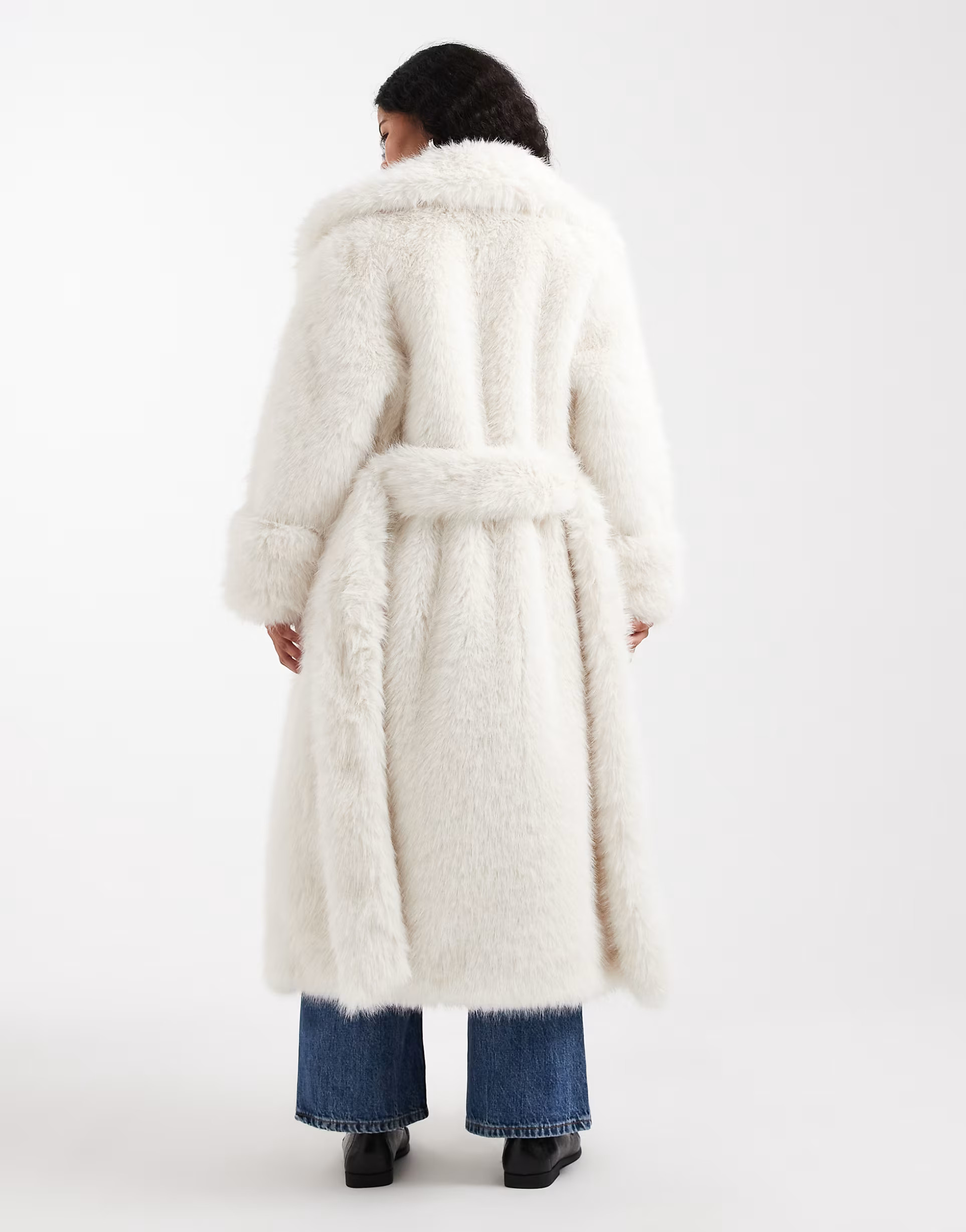 ASOS DESIGN Petite longline belted faux fur coat in cream | ASOS (Global)