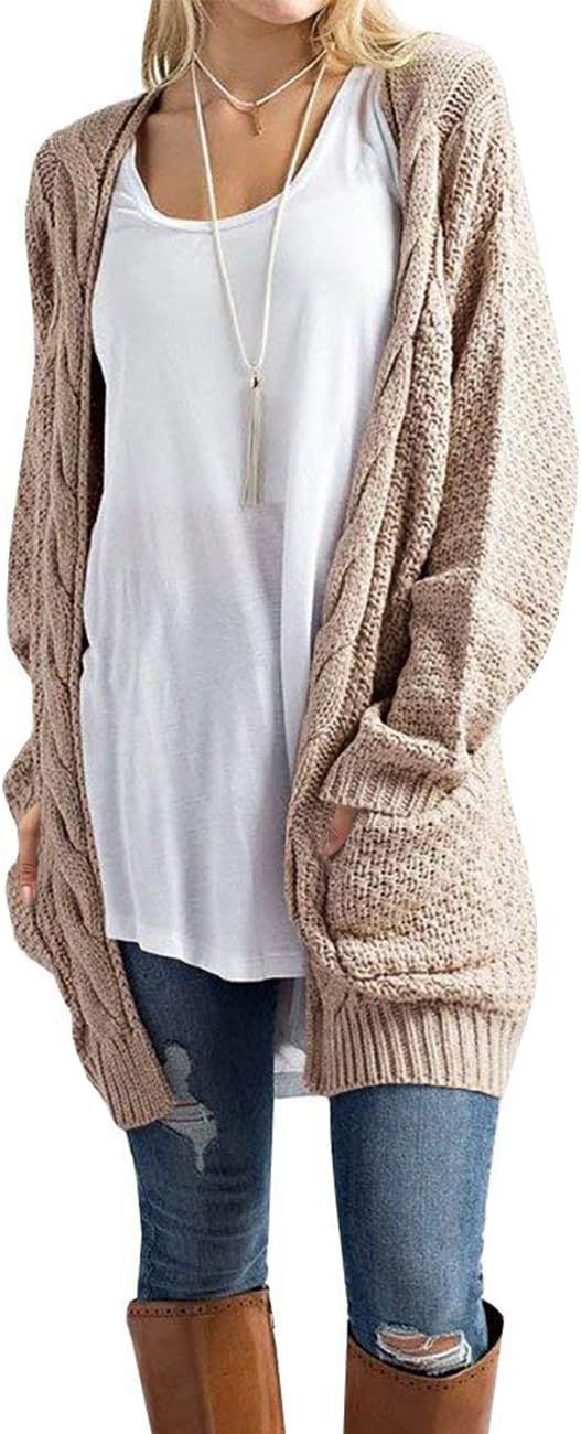 Traleubie Women's Open Front Long Sleeve Boho Boyfriend Knit Chunky Cardigan Sweater | Amazon (US)