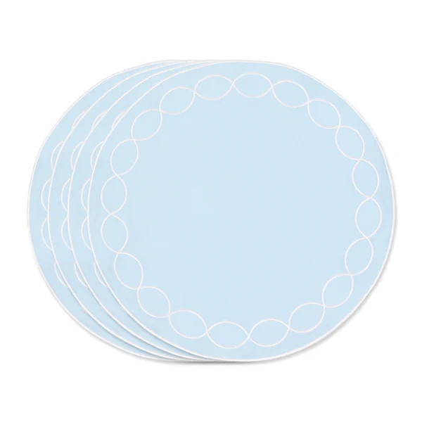 Coastal Indoor Outdoor Round Placemat Set of 4, Scalloped Circle, Baby Blue, 15 inch | Hofdeco