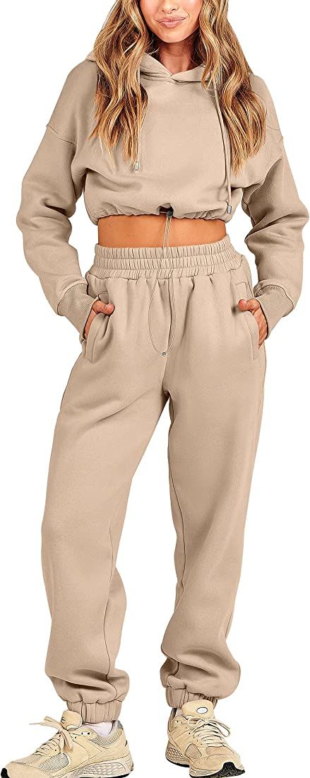 Prinbara Women's 2023 Fall Two Piece Outfit Long Sleeve Cropped Hoodie Long Pants Tracksuit Sweat... | Amazon (US)
