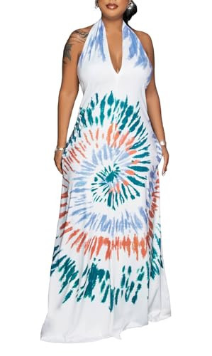 Sun Dresses for Women Casual Sexy V-Neck Floral Print Plus Size Dress Maxi Dress Halter Tie Dye L | Amazon (US)