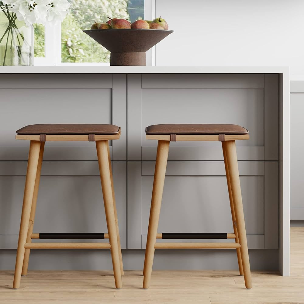 Nathan James Set of 2 Barker Classic Counter Height Wood Barstool with Leather Removable Cushion,... | Amazon (US)