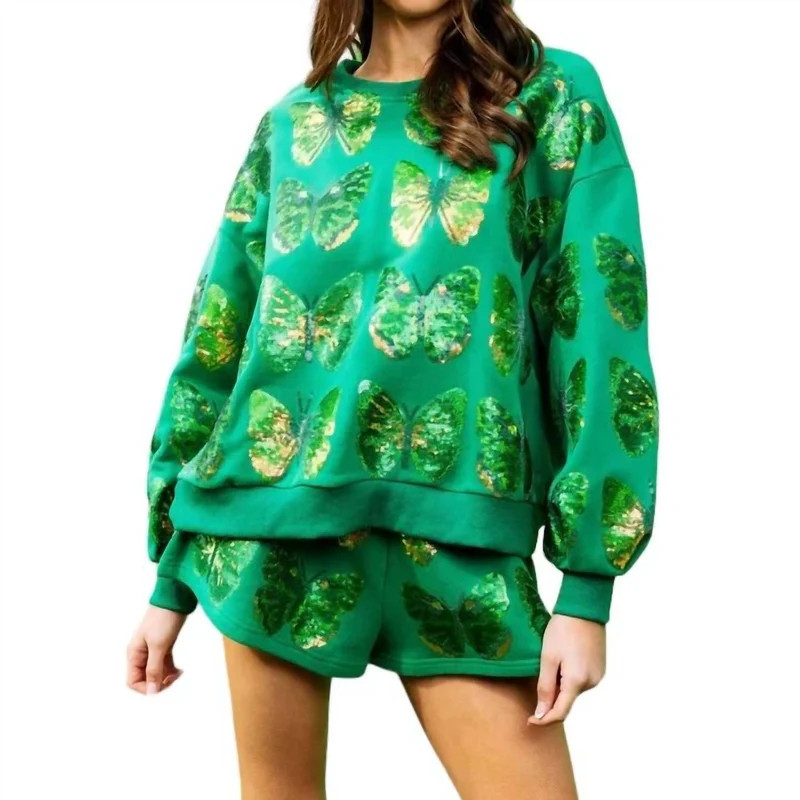 QUEEN OF SPARKLES Sequin Scattered Butterfly Short In Green - Green - S | Verishop