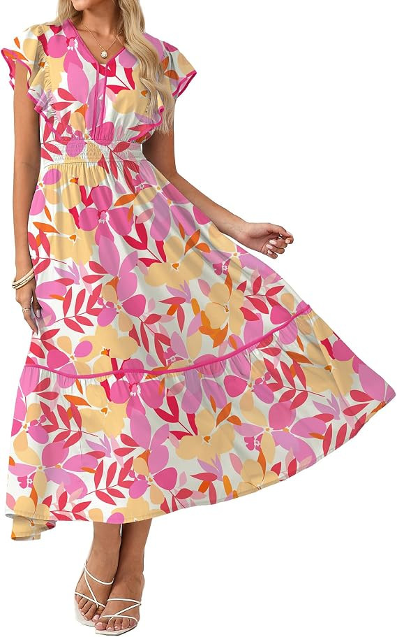 GRACE KARIN 2026 Summer Wedding Guest Dresses for Women Ruffle Sleeve Boho Midi Dress Smocked Flo... | Amazon (US)