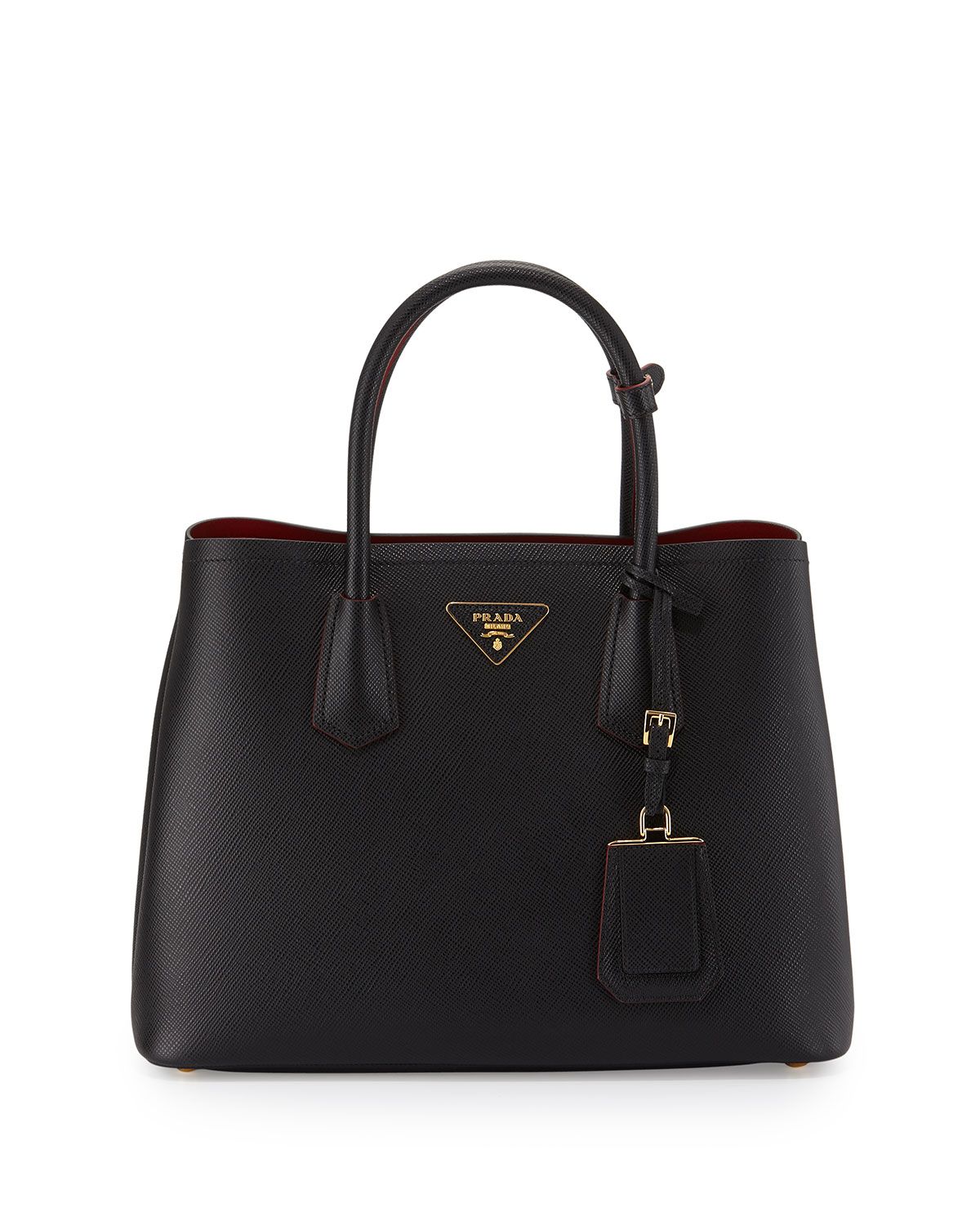 Prada Saffiano Cuir Double Small Tote Bag, Black/Red (Nero+Fuoco) | Neiman Marcus