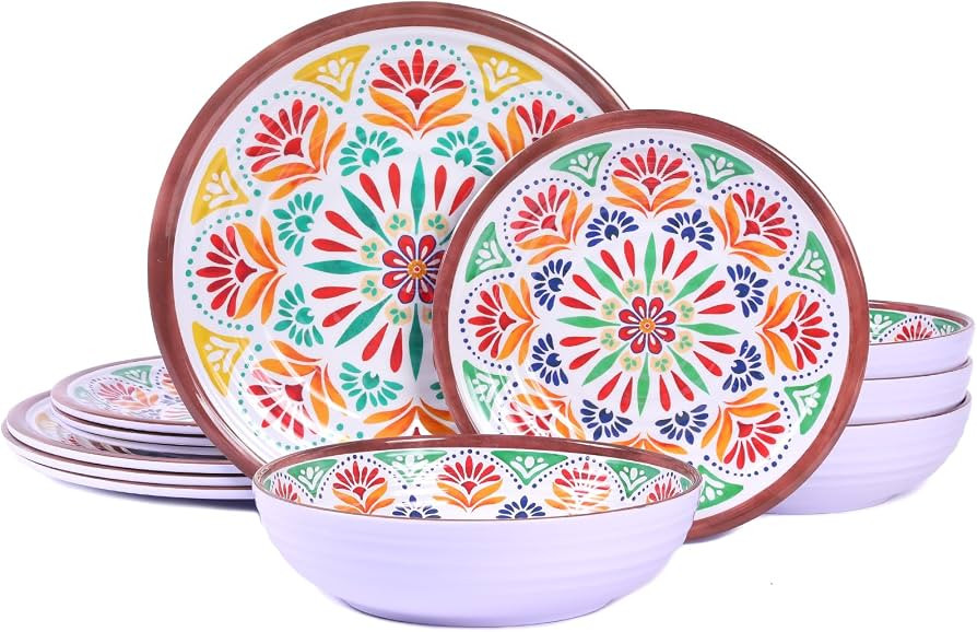 12-Piece Melamine Dinnerware Set,Service for 4, Durable Plate and Bowl, Floral Pattern Tableware ... | Amazon (US)