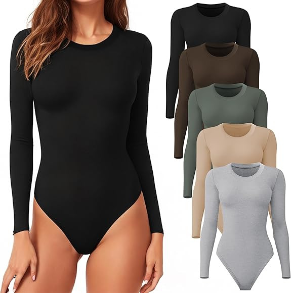 CE' CERDR Women's 4/5 Pack Round Neck Long Sleeve Bodysuits Basic Stretch Body Suit Top | Amazon (US)