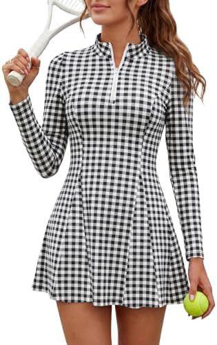 Fisoew Womens Tennis Golf Mini Dresses with Shorts Long Sleeve Collared Zipper Workout Athletic 2... | Amazon (US)