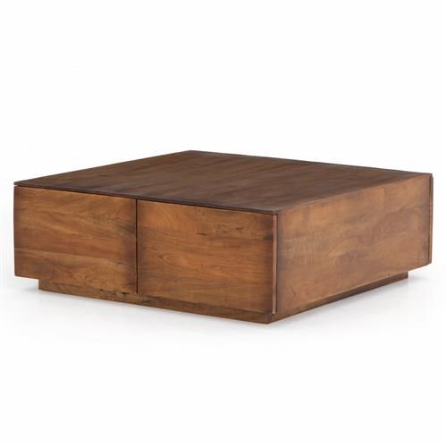 Scarlett Rustic Brown Reclaimed Wood Square 4 Drawer Storage Block Coffee Table | Kathy Kuo Home
