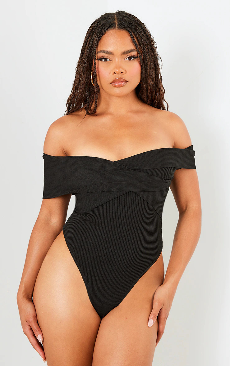 Black Rib Knit Foldover Twist Bodysuit | PrettyLittleThing US