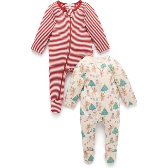 Purebaby | Christmas 2 Pack Printed Zip Footie Reindeer Print | Organic Cotton (Multicolor, Size 3-6M) | Maisonette | Maisonette