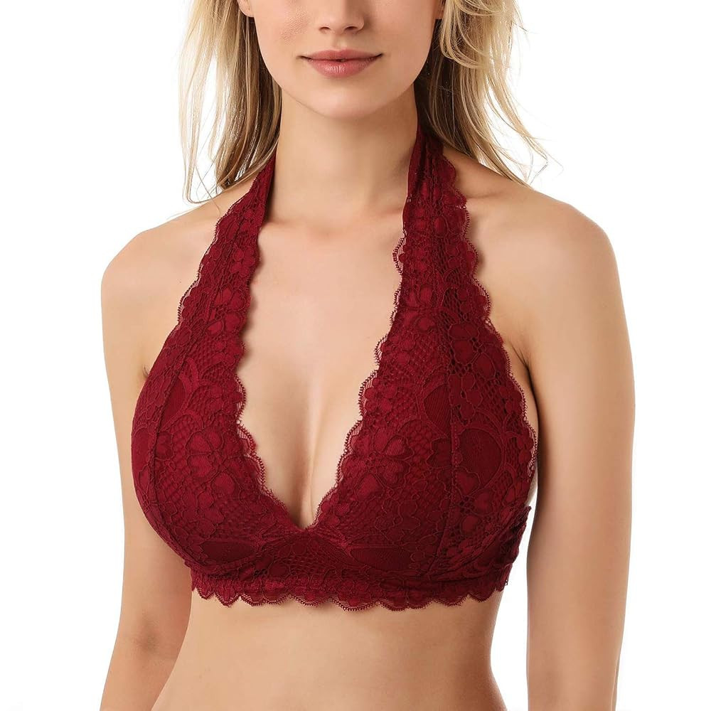 Floral Lace Halter Bra Bralette Top Hook and Eye Closure Back Unpadded Wirefree Lace Bra | Amazon (US)