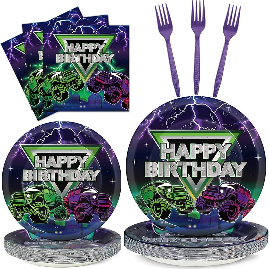 96 Pcs Monster Truck Party Supplies Decorations Truck Happy Birthday Party Plates Green Purple Mo... | Amazon (US)