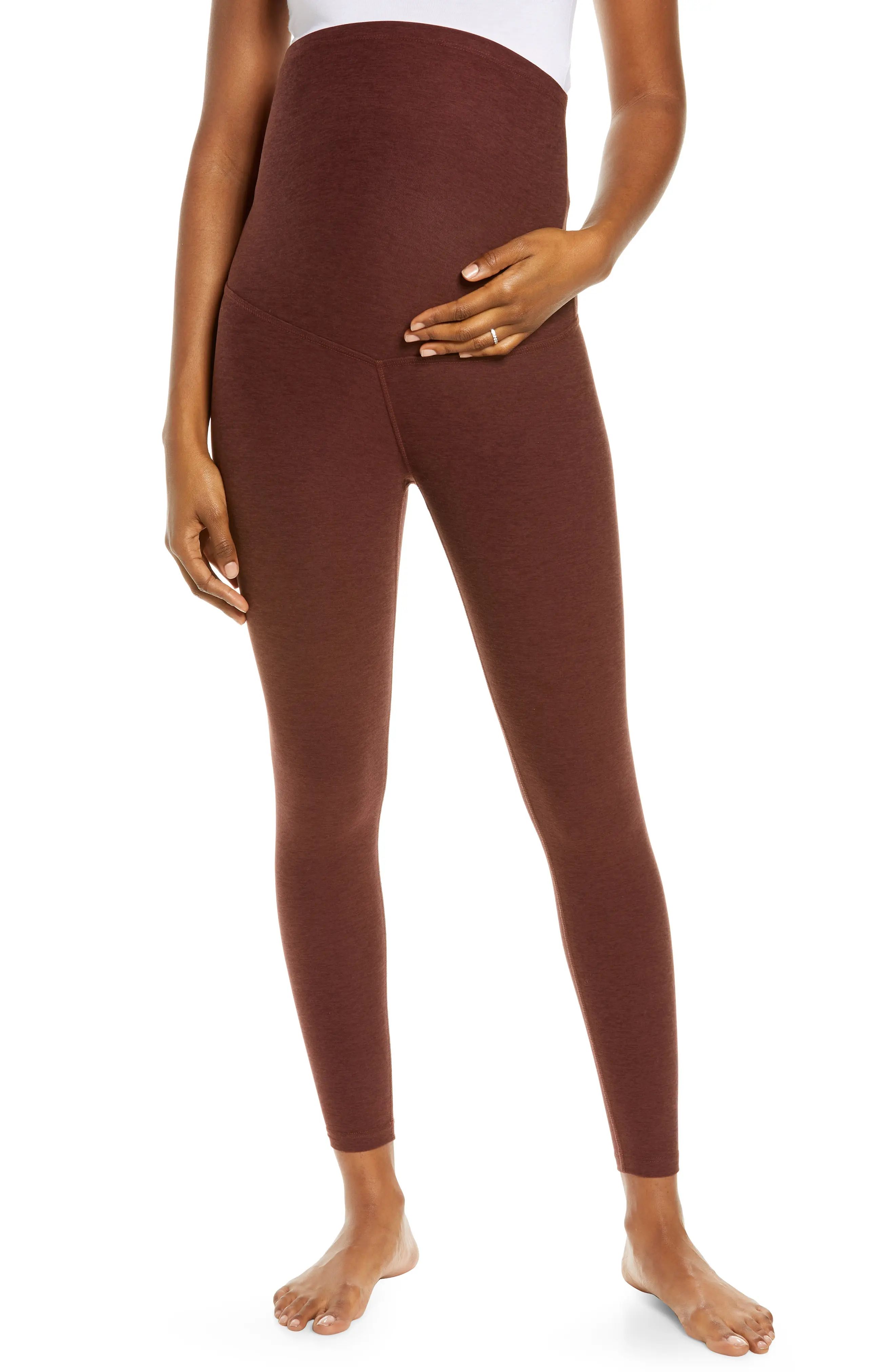 Beyond Yoga Empire Waist Maternity Leggings, Size Large in Mahogany Brown Heather at Nordstrom | Nordstrom