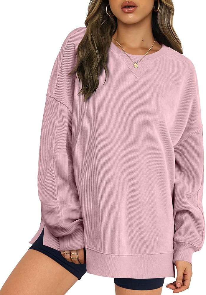 ANRABESS Womens Oversized Sweatshirts Crewneck Corduroy Side Slit Pullover Sweaters 2025 Fall Lon... | Amazon (US)