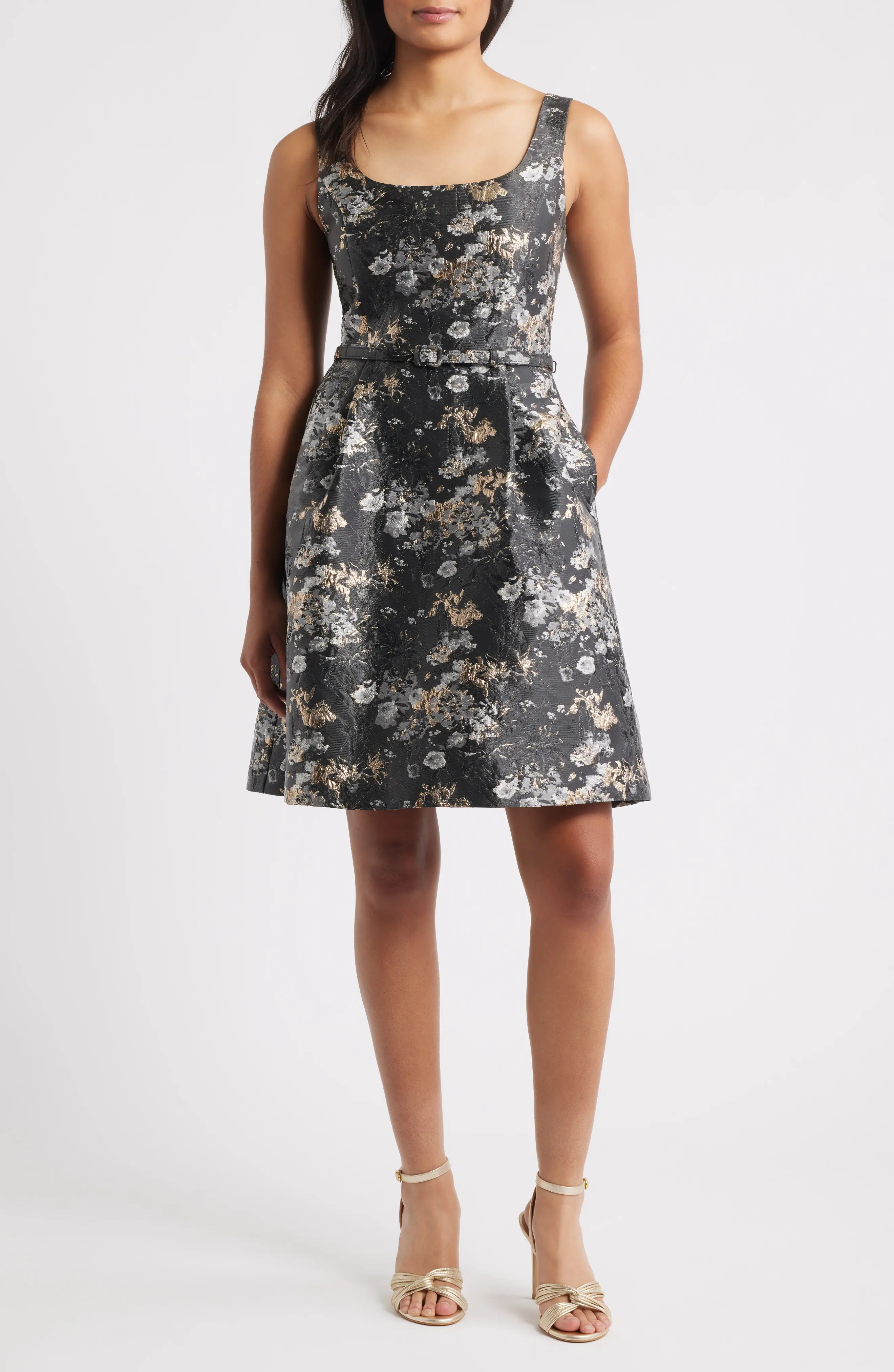 Julia Jordan Metallic Belted Sleeveless Dress in Black Multi at Nordstrom Rack, Size 10 | Nordstrom Rack