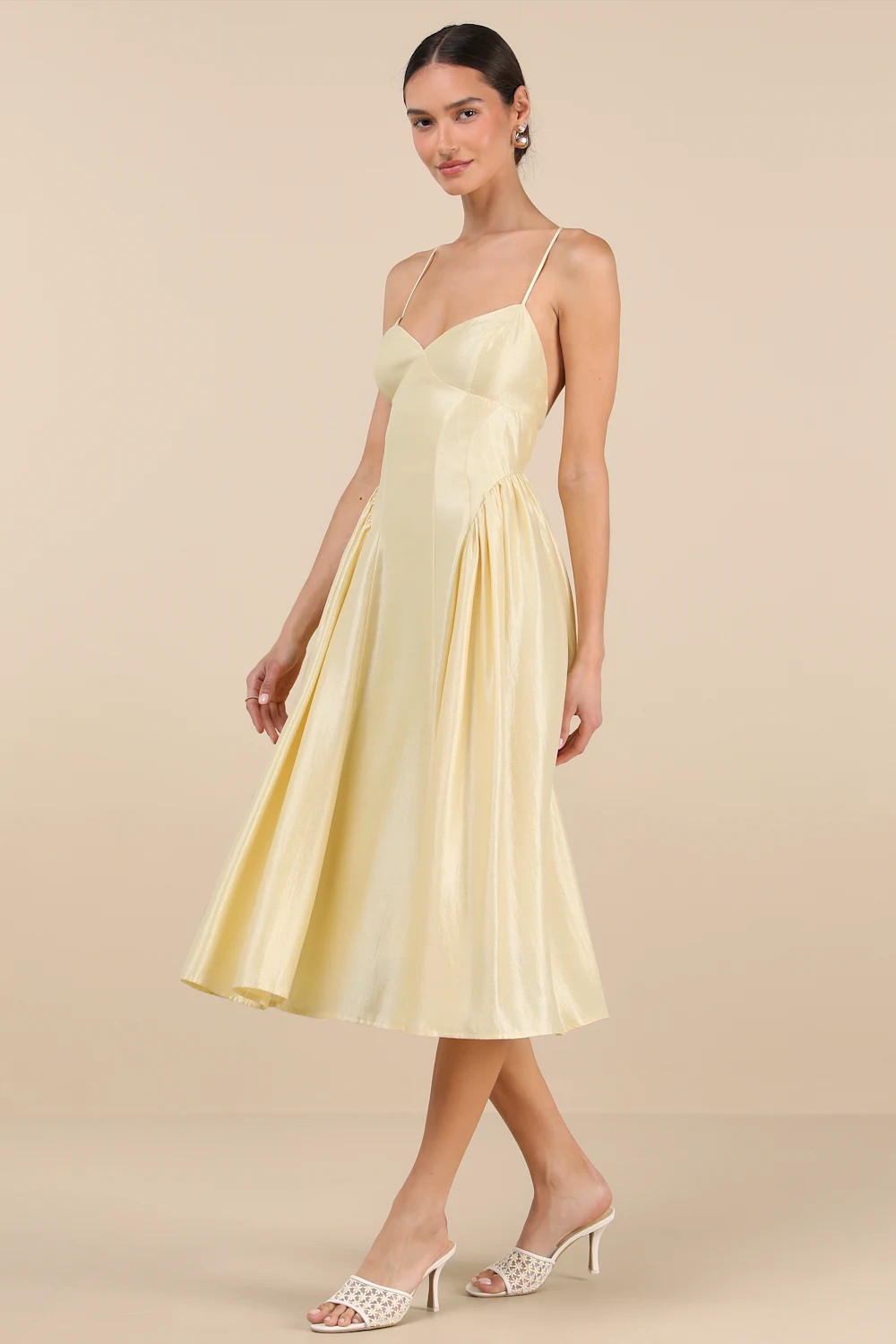 Paride Shiny Light Yellow Gathered Lace-Up Midi Dress | Lulus