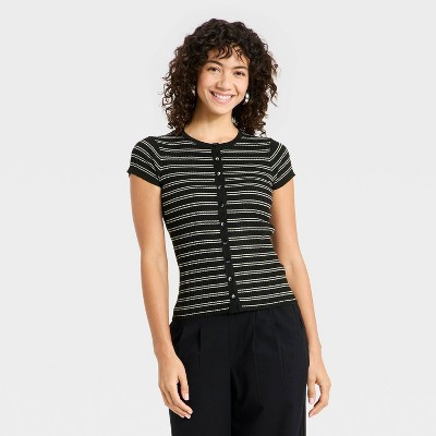 Women's Short Sleeve Button-Front Sweater - A New Day™ Cream L | Target