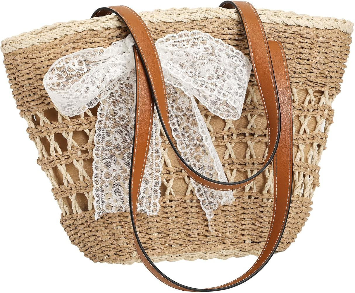 Trifabricy Beach Bags for Women, Summer Straw Bag, Woven Straw Beach Tote Bag Shoulder Handbags | Amazon (US)