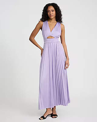 Satin Pleated V-neck Sleeveless Cutout Maxi Dress | Express