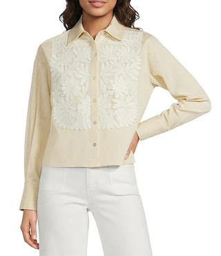 A Loves A Embroidered Stripe Collared Long Sleeve Button Front Top | Dillard's | Dillard's