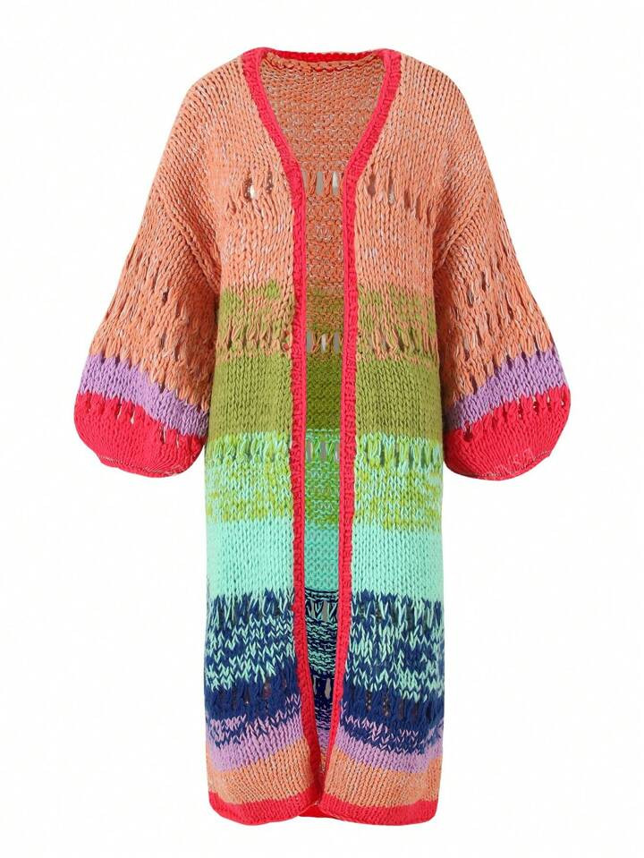 Manteau boho tricoté à la main aux couleurs vives, kimono cardigan à manches évasées en croc... | SHEIN