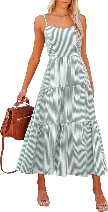 ANRABESS Womens Summer Midi Dresses Casual Striped Plaid Sleeveless Flowy Maxi Dress 2026 Beach V... | Amazon (US)