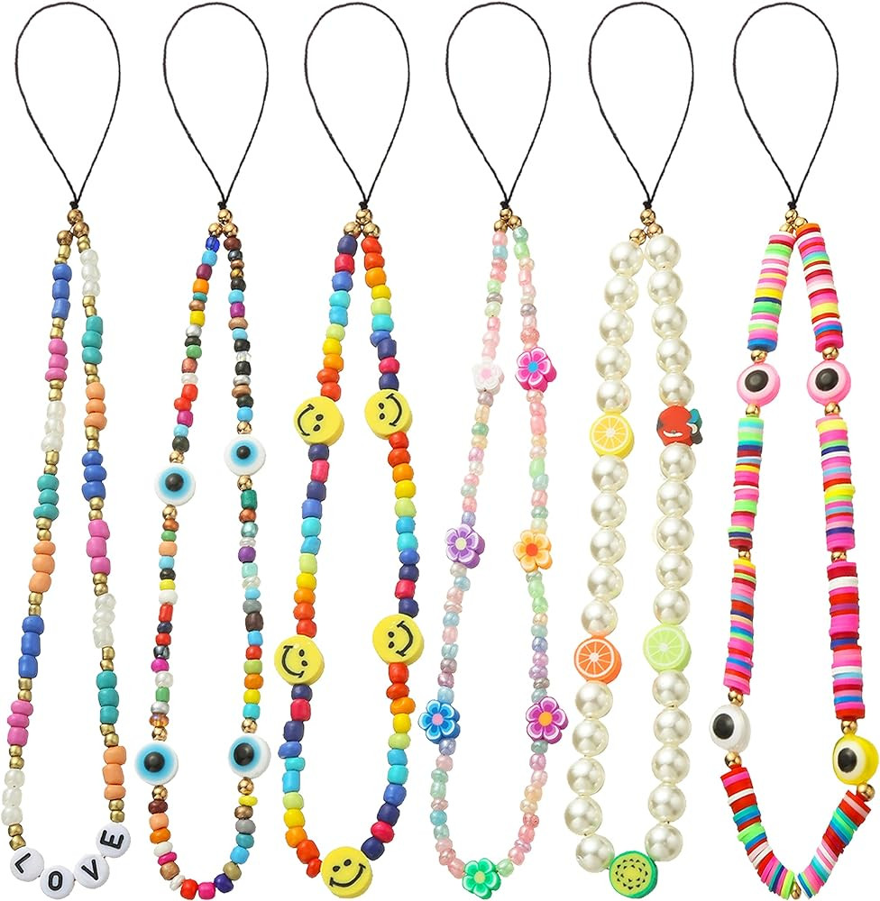 6PCS Beaded Phone Lanyard Wrist Strap Face Beaded Phone Charm Fruit Star Pearl Rainbow Color Bead... | Amazon (US)