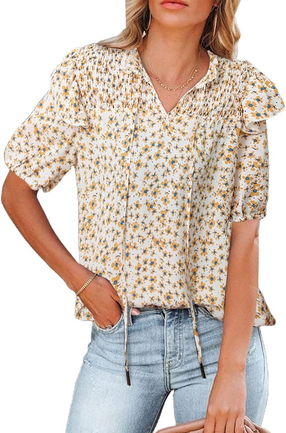 PRETTYGARDEN Women's Short Sleeve Blouse V Neck Ruffle Floral Summer Casual Tunic Blouses Tops | Amazon (US)