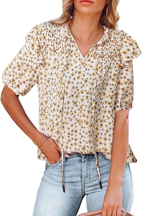 PRETTYGARDEN Women's Short Sleeve Blouse V Neck Ruffle Floral Summer Casual Tunic Blouses Tops | Amazon (US)