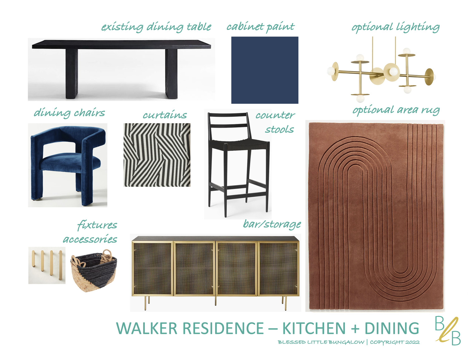 Mood Board Monday, kitchen + dining edition ✨
This space is all about contrast and connection—anchored by an existing dining table and elevated with deep cabinet color, sculptural lighting, and warm, grounding textures. The mix of bold geometry, soft curves, and layered finishes creates a dining moment that feels both tailored and welcoming.

I love when a room can do double duty—everyday functional, but still special enough for slow dinners and lingering conversations.#MoodBoardMonday #KitchenDiningDesign #BlessedLittleBungalow 

 

#LTKHome #LTKHome