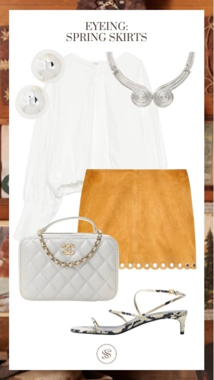 Suede mini skirt 
White blouse 
Snakeskin sandals 
Silver jewelry 