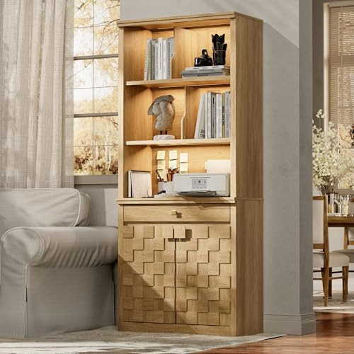 Fluted Bookcase with LED Light, 72.2" Tall Freestanding Bookshelf with Drawer and Doors, Modern Storage Book Case with 3-Tier Open Shelves for Home Office, Living Room, Bedroom (1, Original Oak) | Amazon (US)