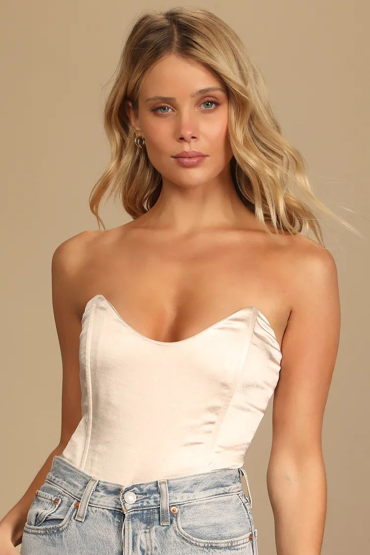 Splendidly Sultry Champagne Satin Strapless Bustier Bodysuit | Lulus (US)