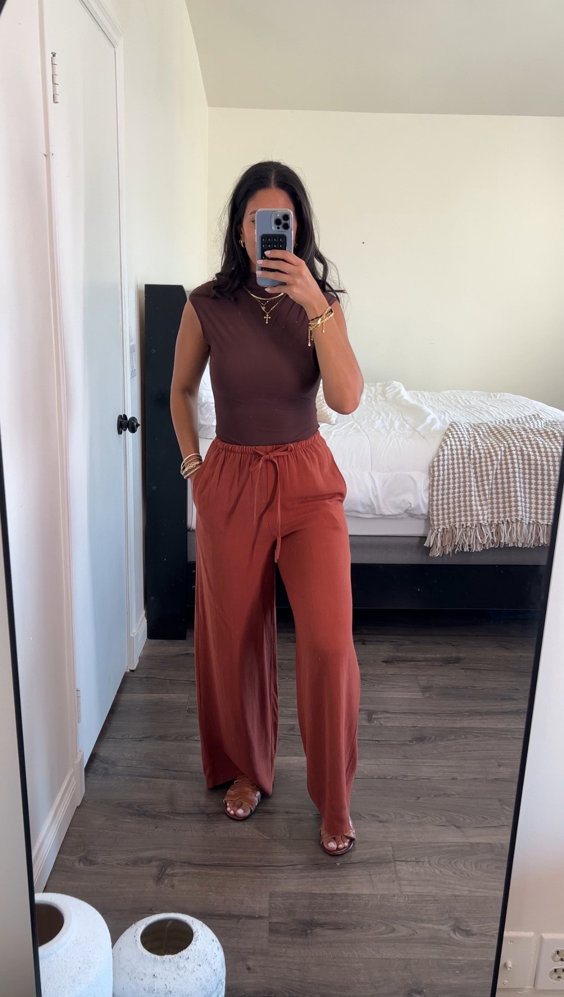 Summer to fall outfit idea. Linen pants size small, sheer mock neck top size small. The color is brown but looks burgundy in the photo. 

#LTKStyleTip #LTKPetite #LTKFindsUnder50