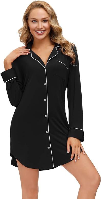 Zexxxy Nightgown Women Boyfriend Pajamas Long Sleeve Button Down Sleep Shirts Dress S-XXL | Amazon (US)