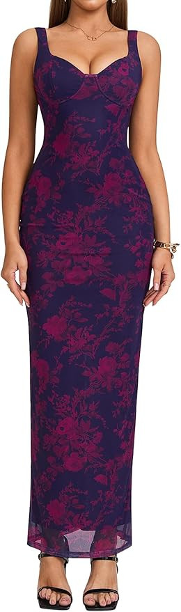 HTZMO Women Summer Floral Bodycon Maxi Dress V Neck Halter Sleeveless Casual Wedding Guest Party ... | Amazon (US)