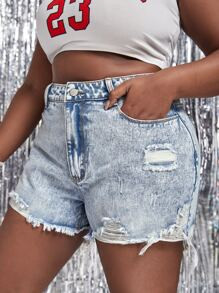 Plus Ripped Raw Hem Denim Shorts SKU: sf2111294834830890(500+ Reviews)Cotton$18.99Make 4 payments... | SHEIN