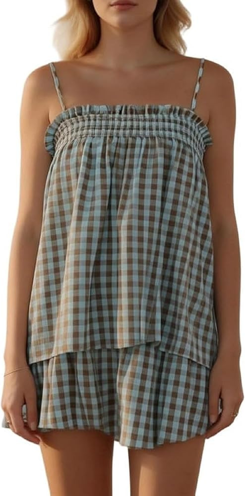 Women Gingham Pajama Set Striped 2 Piece Shorts Matching Lounge Set Outfits | Amazon (US)